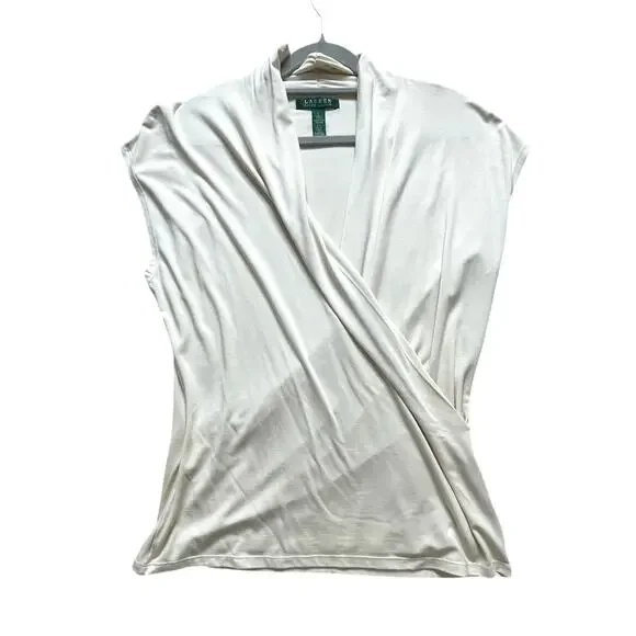 Ralph Lauren Women L Cream Sleeveless Draped Stretch Blouse Quiet Luxury Top EUC - Picture 1 of 5